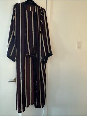 Vertical Stripe Long Open Duster & Trousers Set - Burgundy, Black & Cream